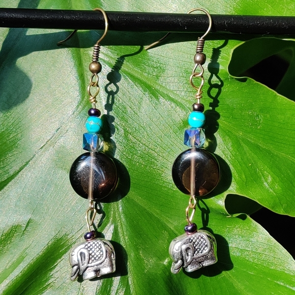 Smokey Quartz, Elephant Charm, Dyed Howlite Earrings - Picture 4 of 16